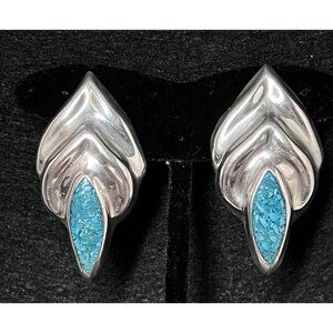 Taxco Sterling Silver Inlaid Turquoise Post Earrings 2" Long 18g